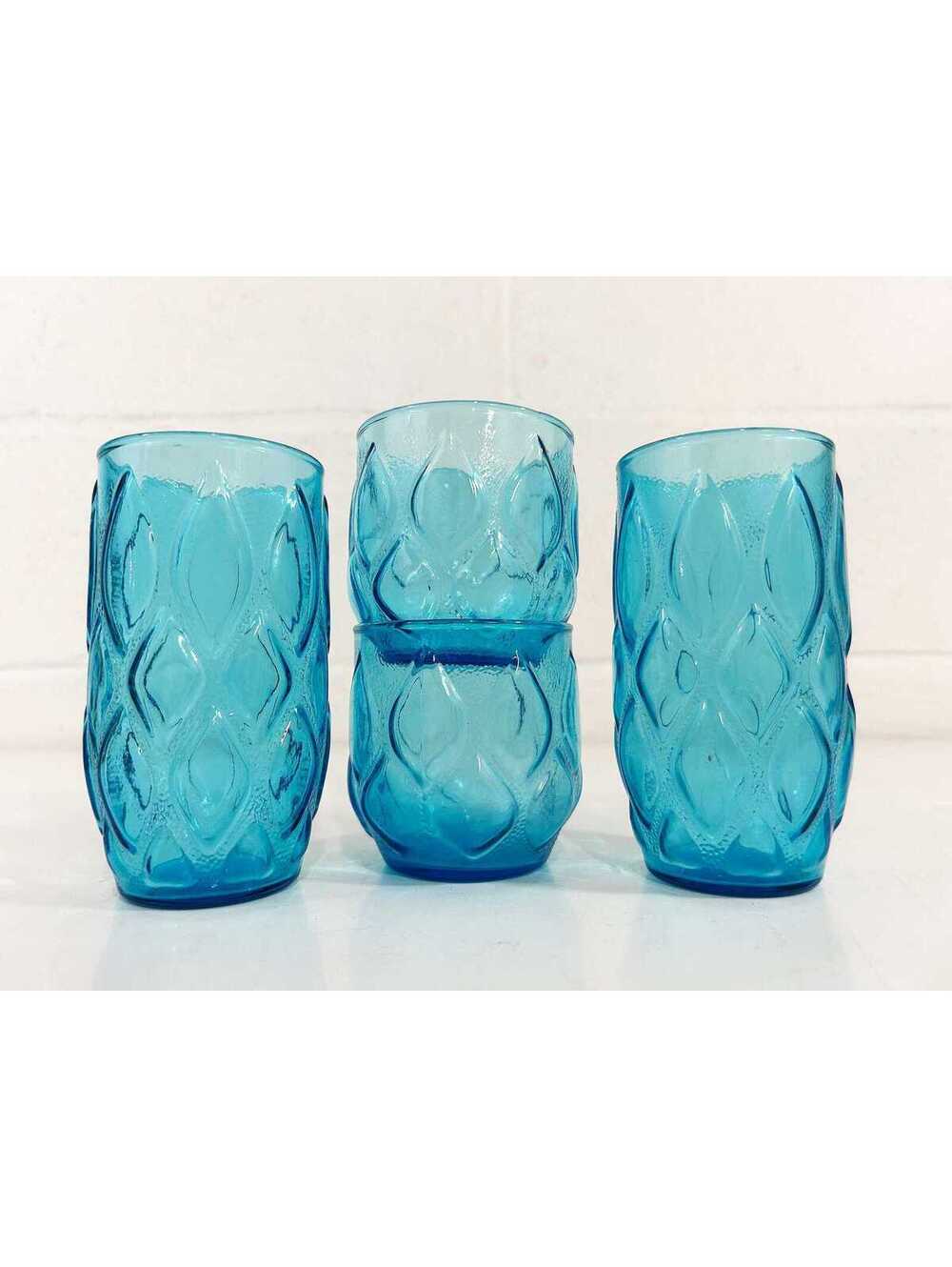 Vintage Aqua Blue Glasses Glass Glassware Set of 4 Anchor Hocking Madrid 1960s
